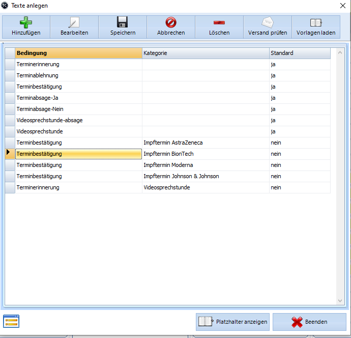 Versandtexte mit Kategoriezuordnung